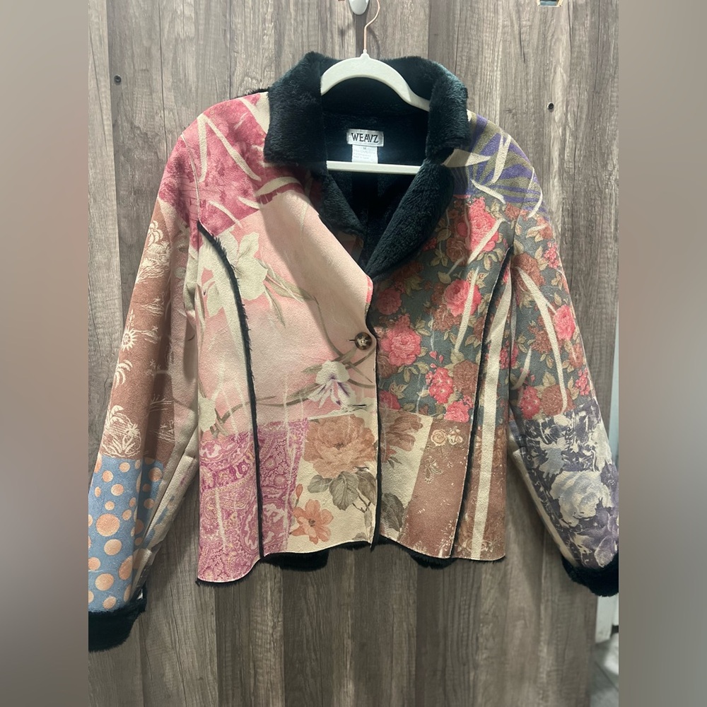 Vintage Weavz Women's Floral Jacket Multicolor Suede Black Fur Size Medium